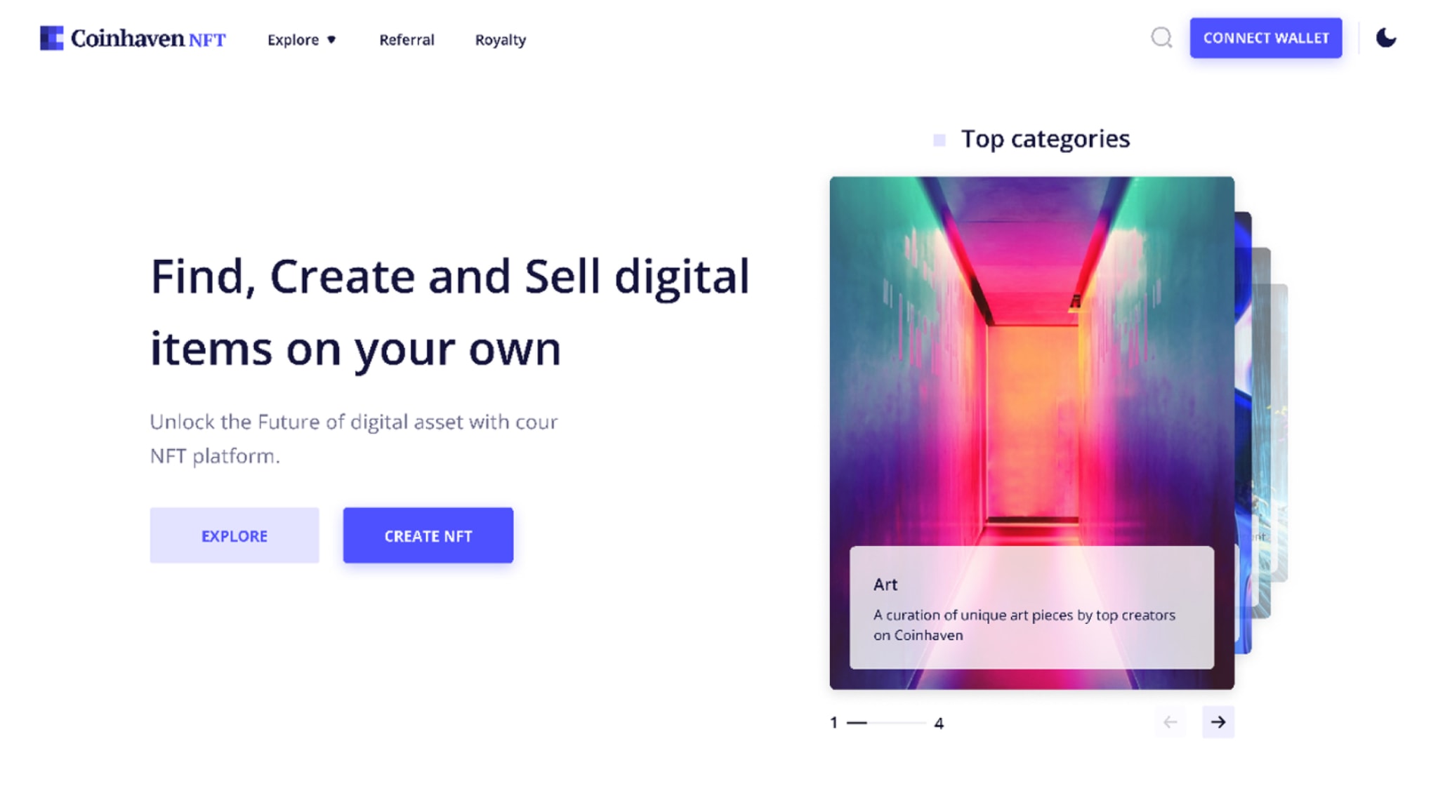 Coinhaven NFT marketplace homepage with featured artwork and explore and create actions.