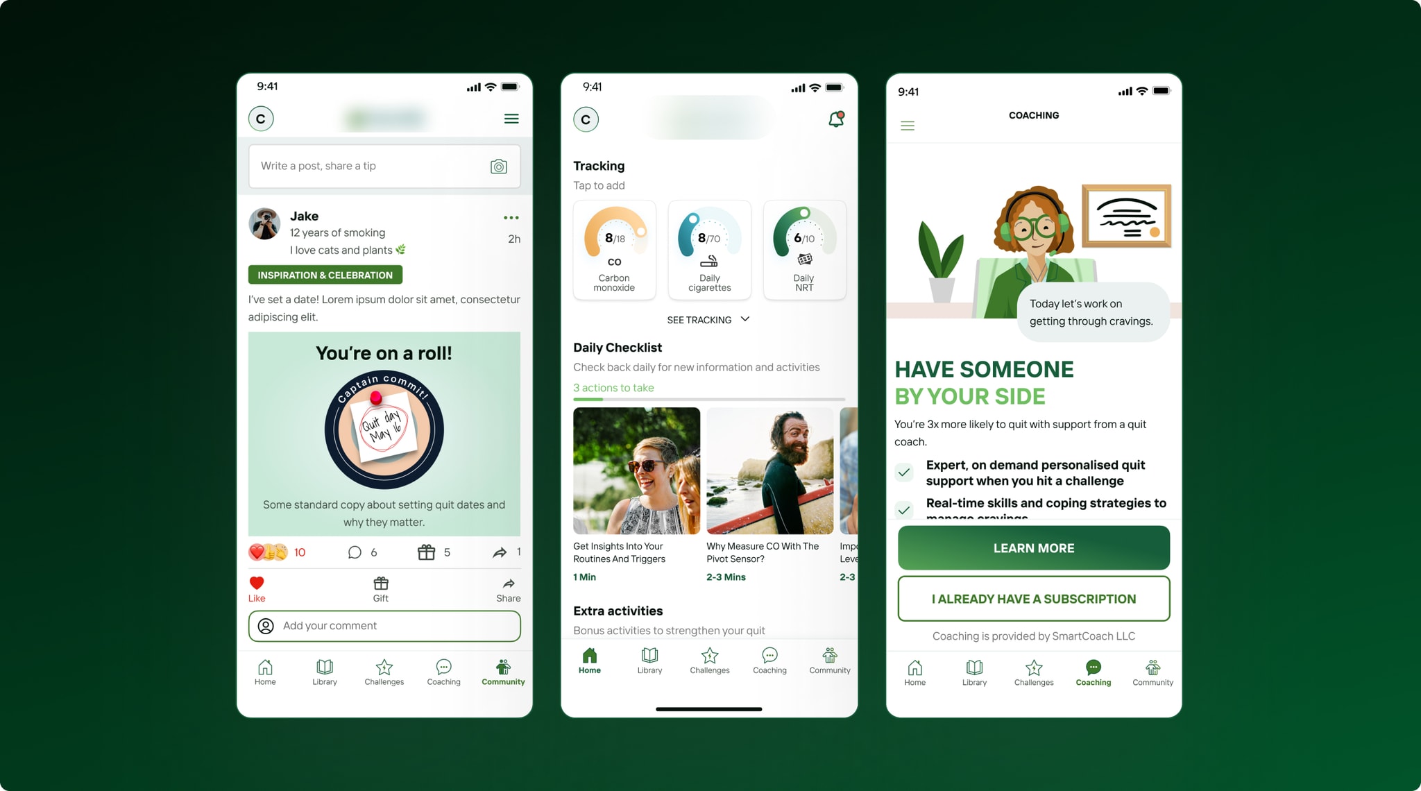 Quit App community, daily tracking and coaching screens.